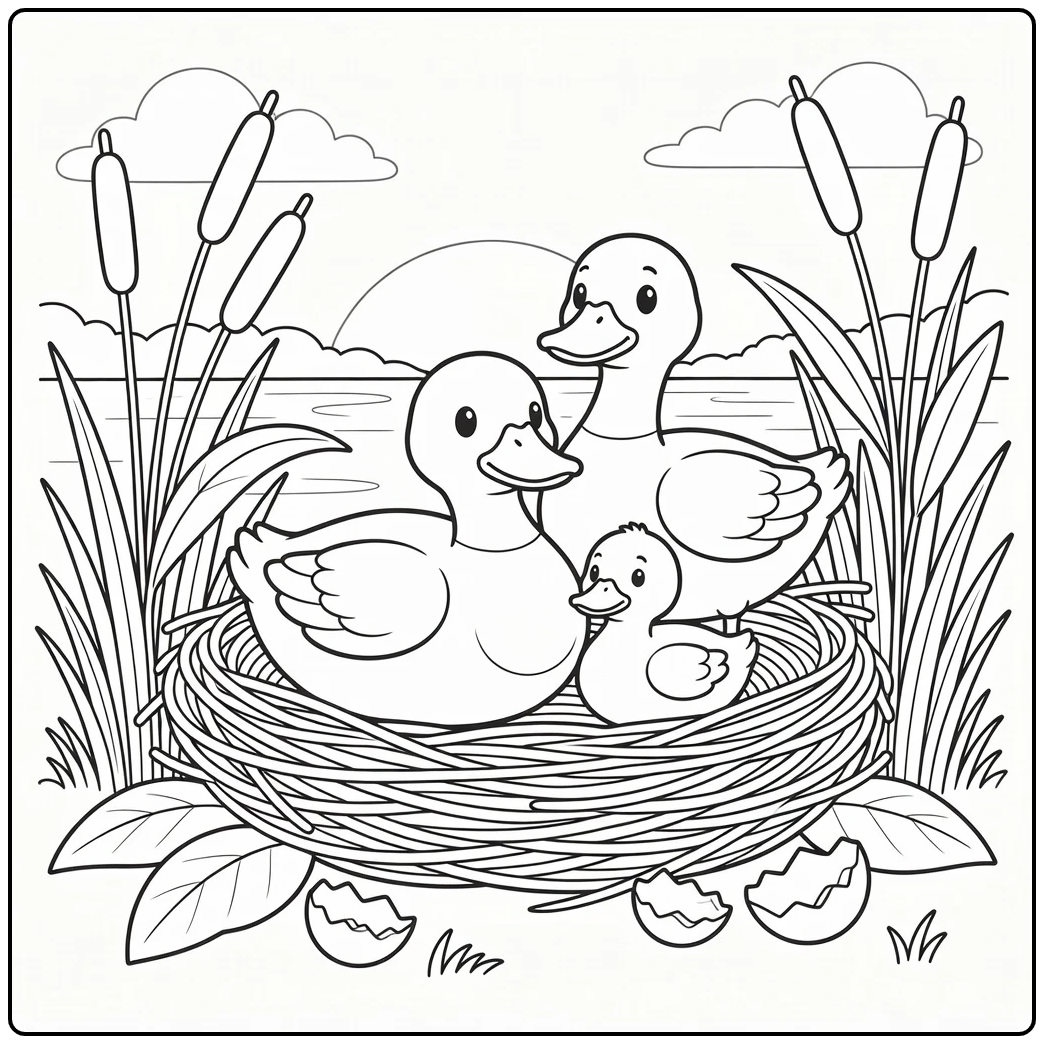Duck family coloring page with nest, ducks and duckling at sunset