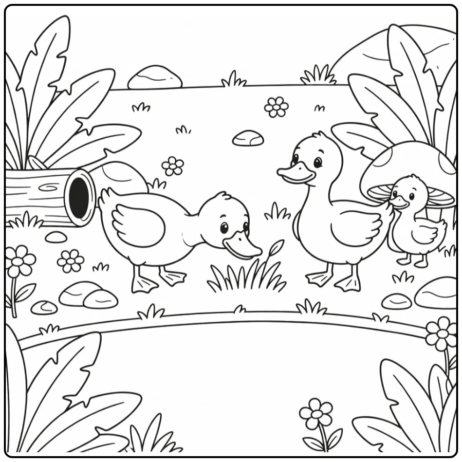 Duck family coloring page with duckling by mushroom