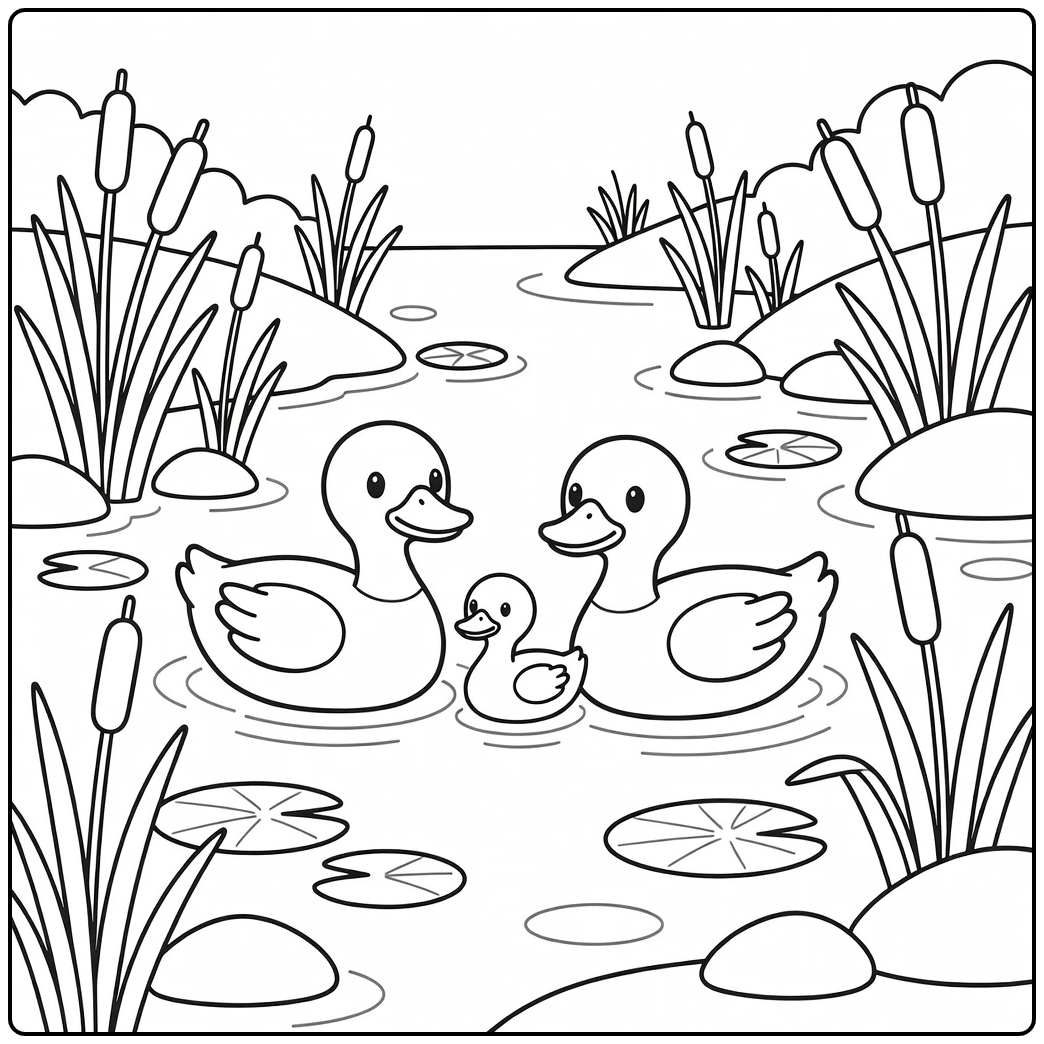 Duck family coloring page with two ducks and duckling in marsh