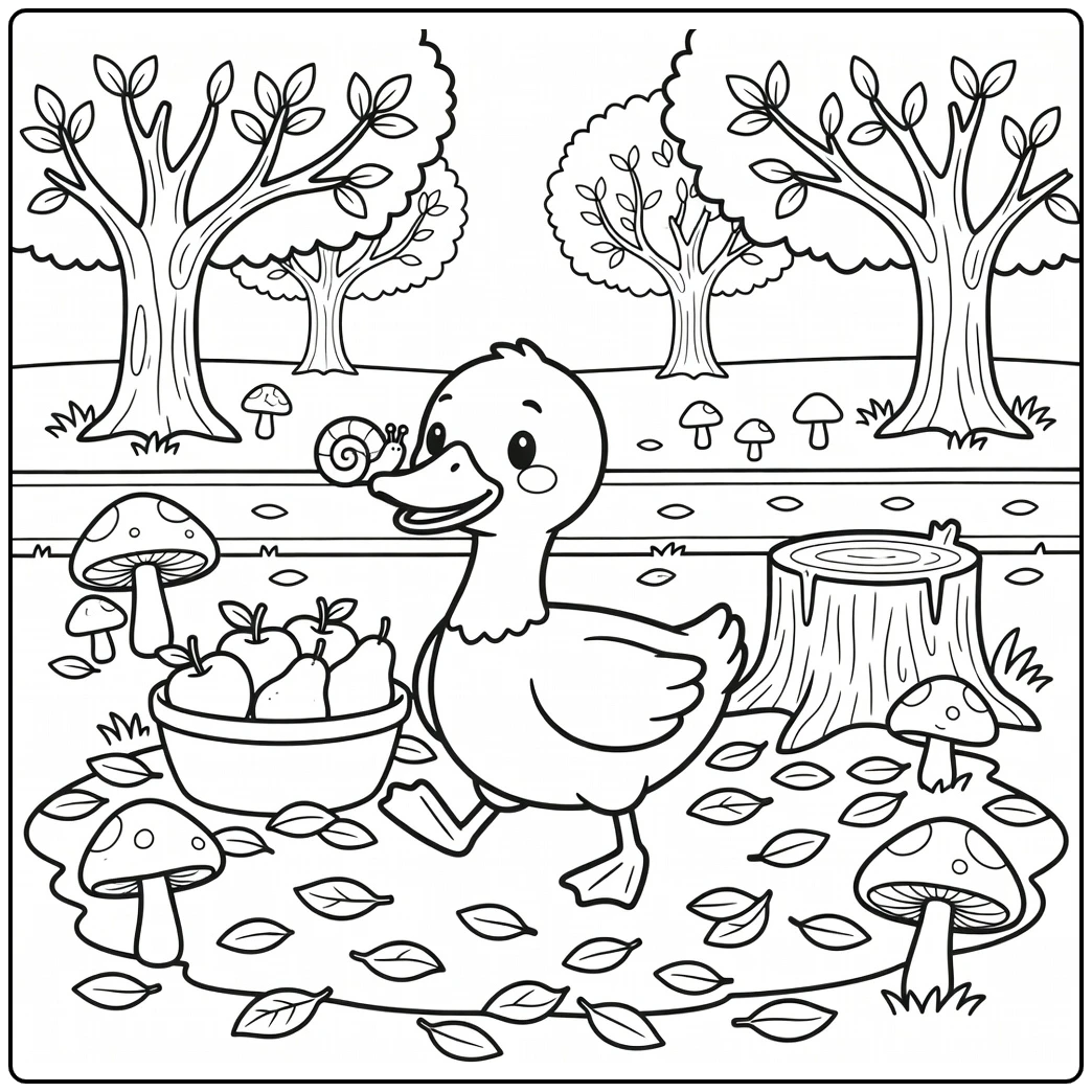Cartoon farm animal coloring page: duck with snail shell in orchard