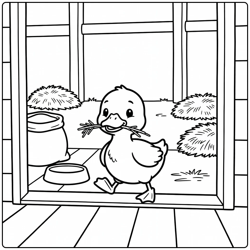 Duckling coloring page of cute duckling in barn doorway