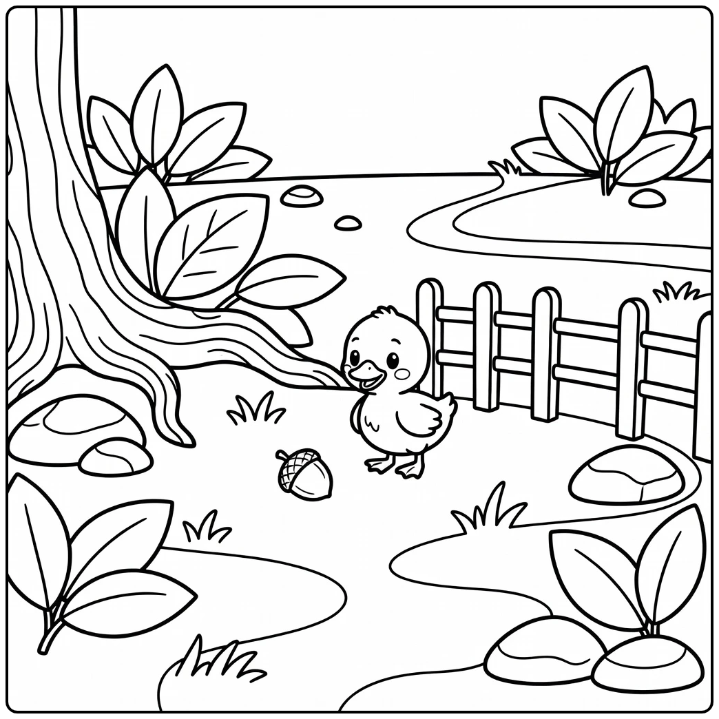 Adorable duckling coloring page with acorn by farm fence