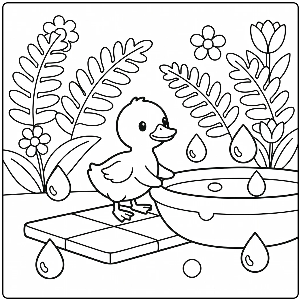 duckling coloring page: tiny duckling by fountain and flowers