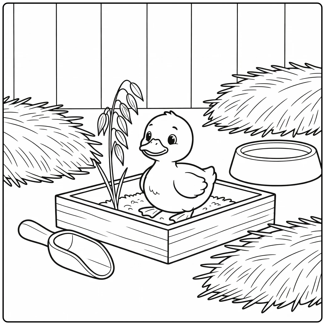 Duckling coloring page cute duckling in wooden feed tray