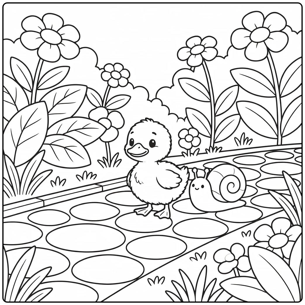 Duckling coloring page with snail on garden path