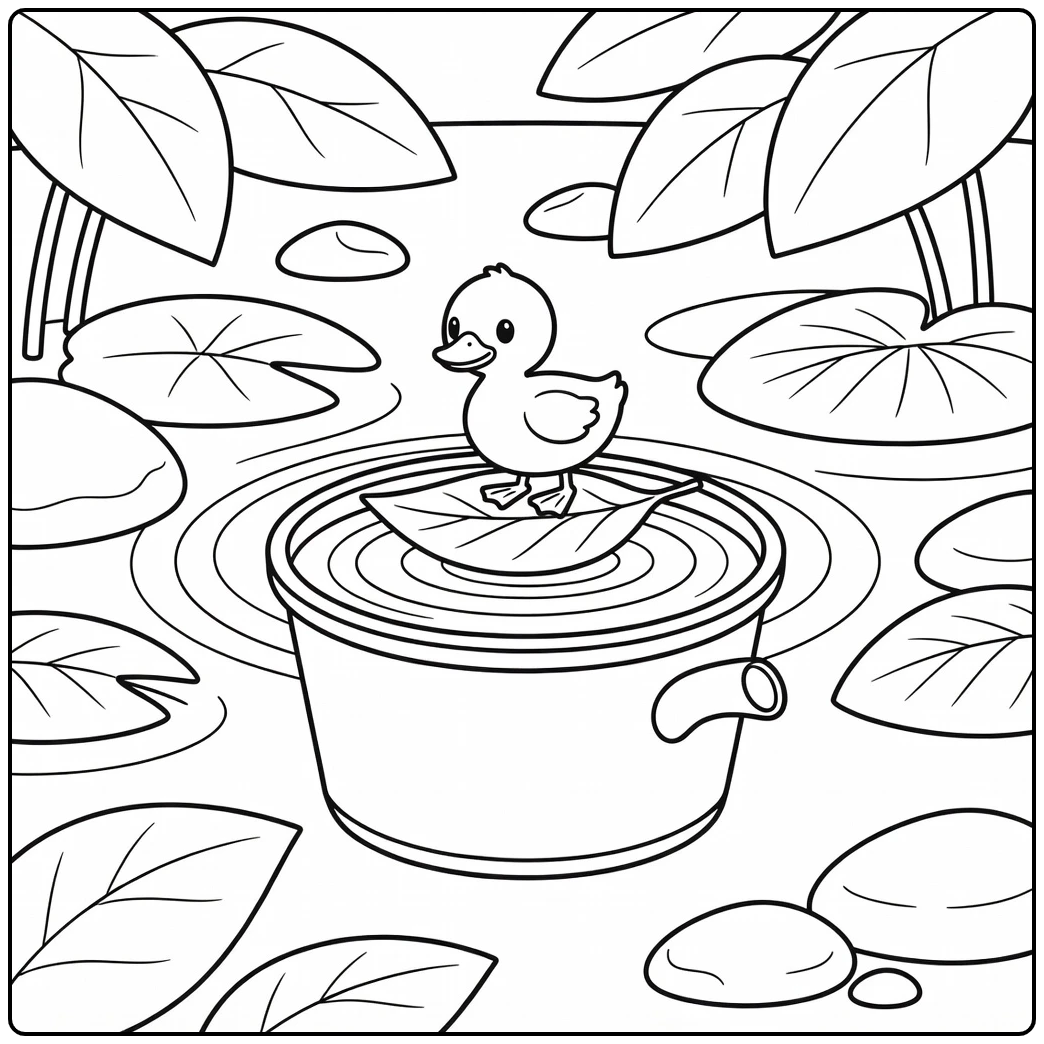 duckling coloring page with duckling on leaf in rain barrel