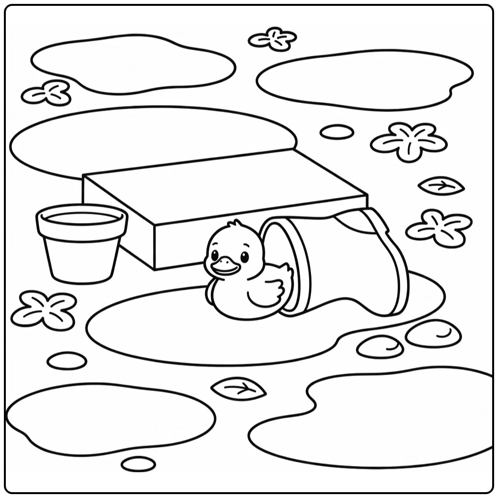 Duckling coloring page of tiny duckling by rain boot shelter