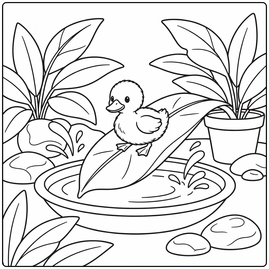 Duckling coloring page cute duckling sliding to birdbath