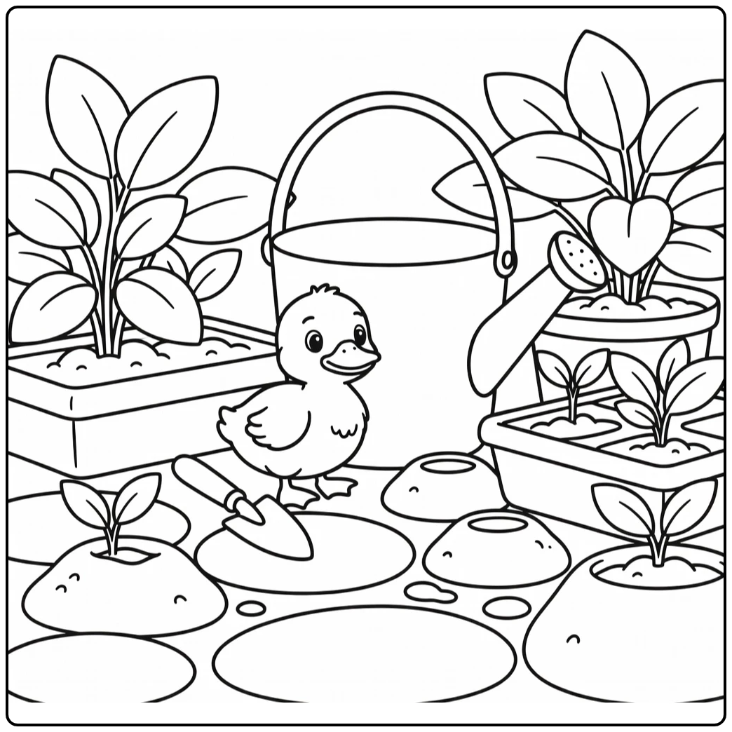 Adorable Duckling Coloring Page Peeking Behind Bucket