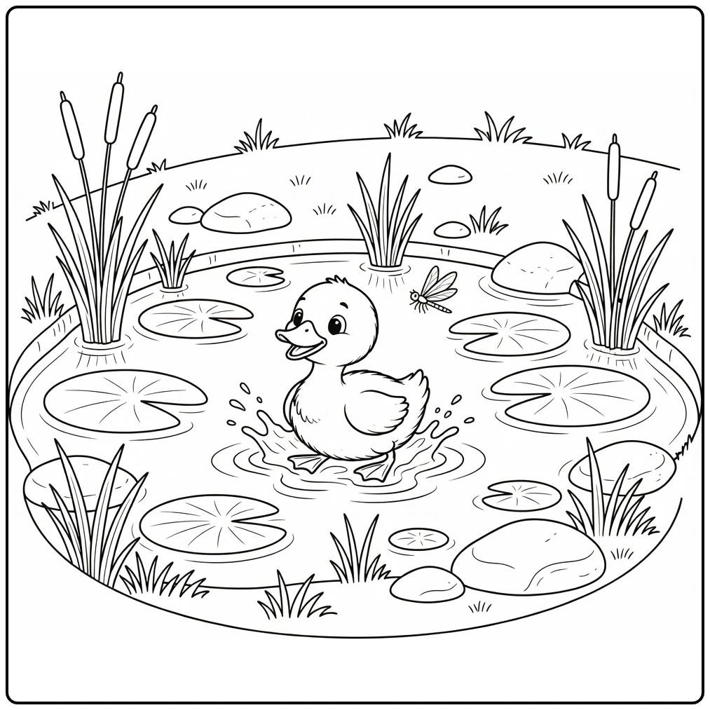 Cute duckling splashing at dragonfly baby animal coloring pages