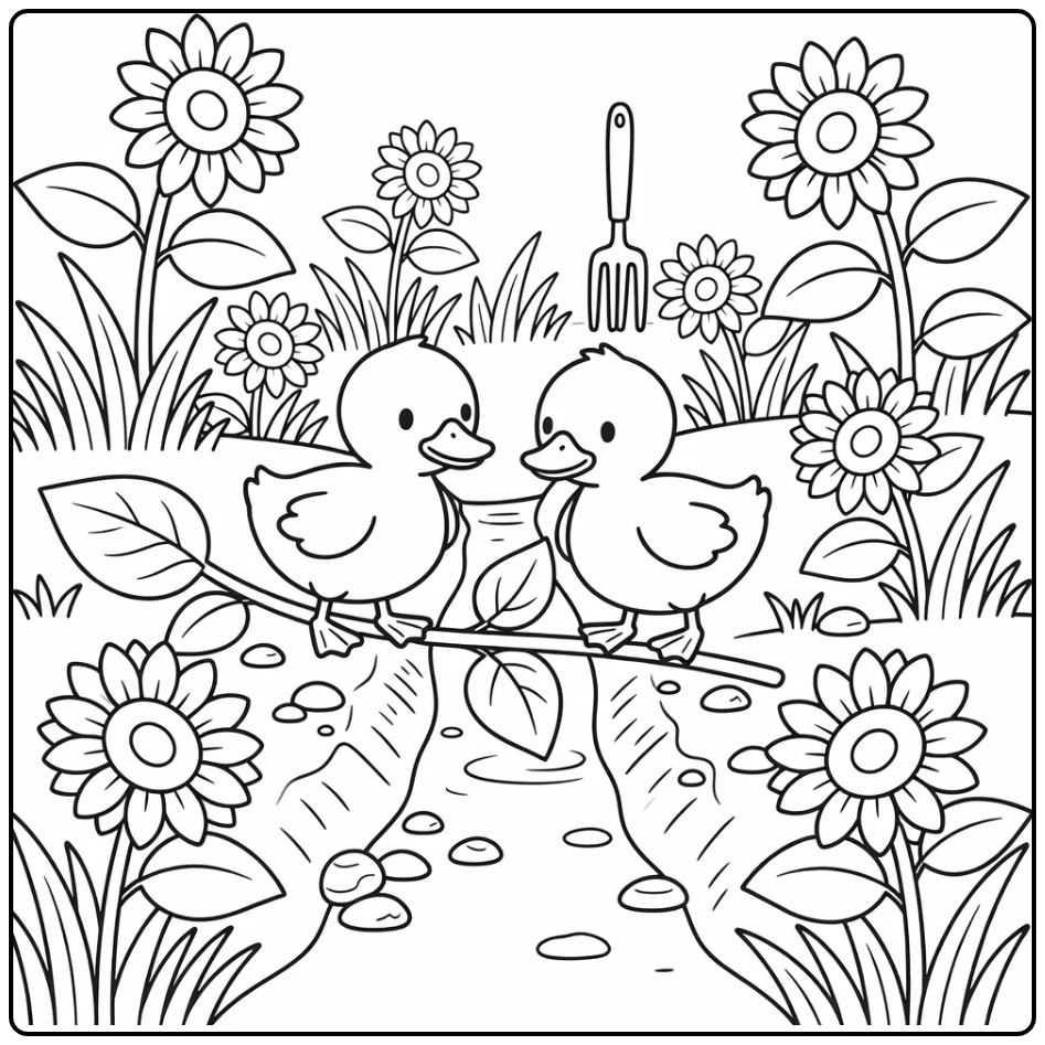 Ducklings coloring page with pair crossing on sunflower stem