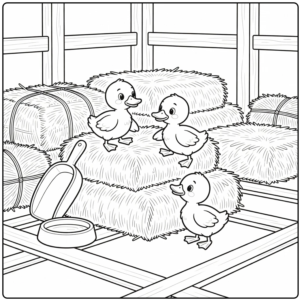 Ducklings coloring page with cute ducklings on hay bales