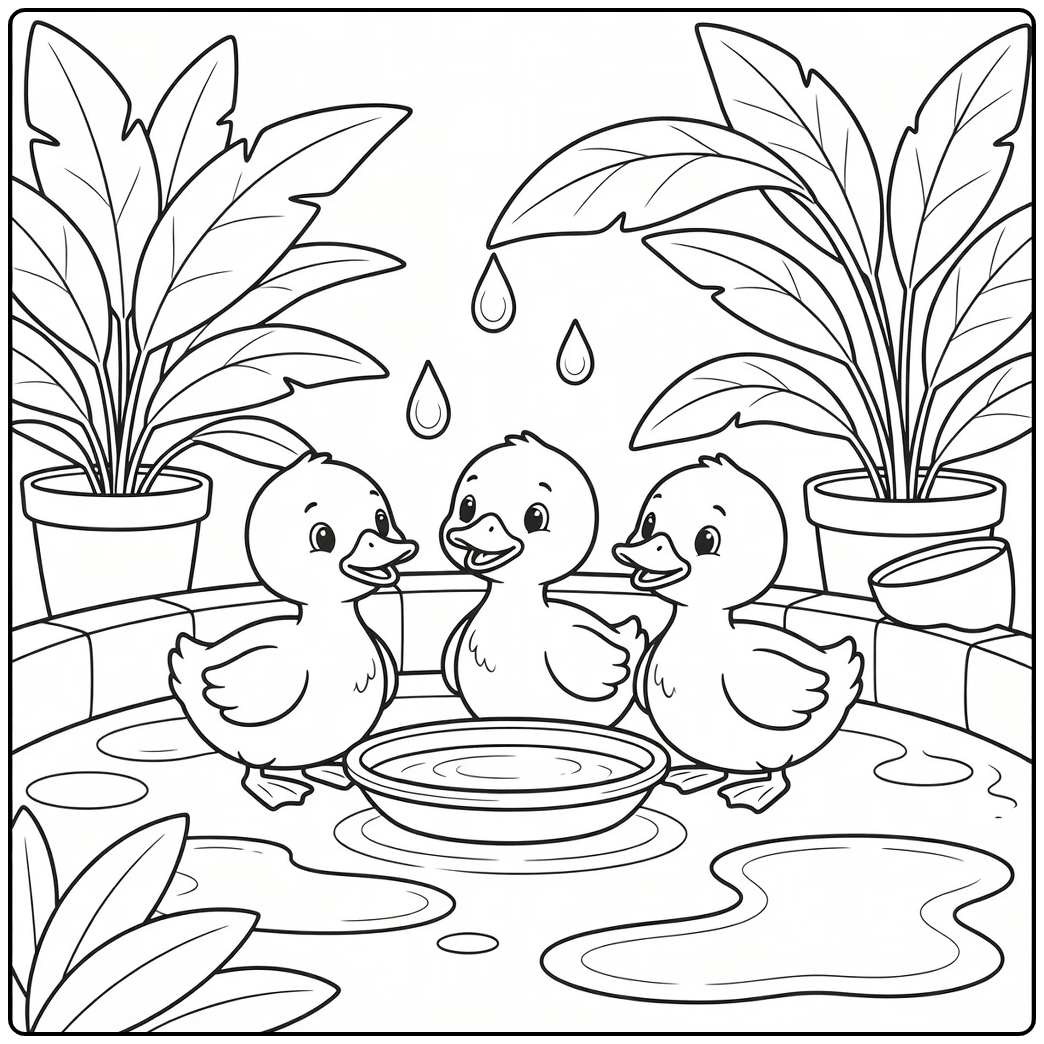 Ducklings coloring page showing ducklings near saucer and leaves