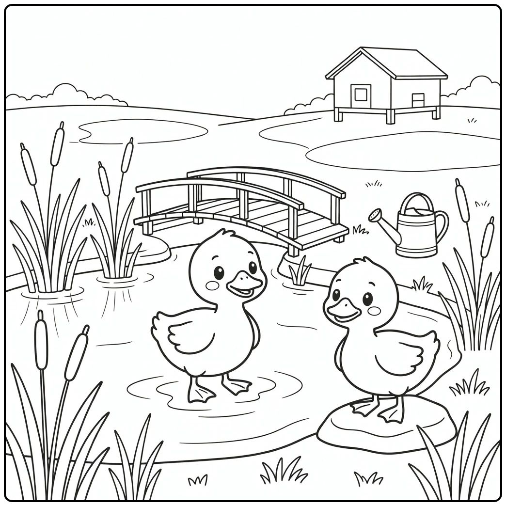 Cute farm animal coloring page: ducklings in pond with reeds