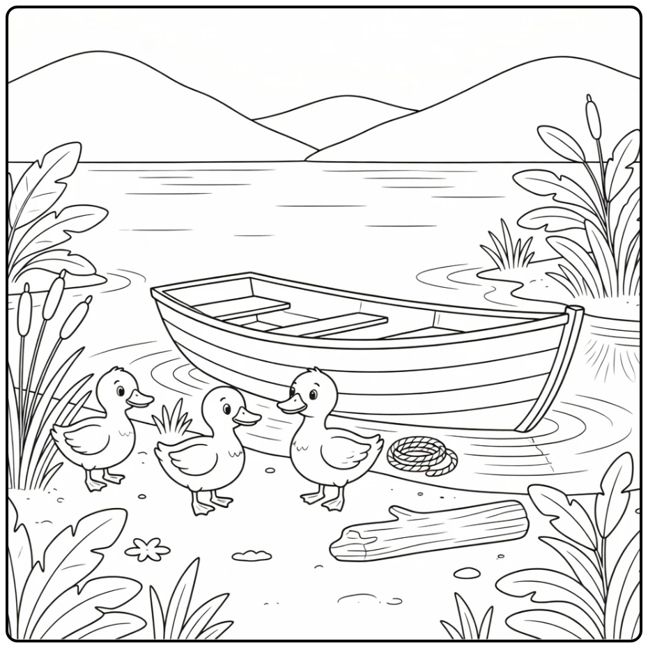 Ducks coloring page with rowboat by calm lake and reeds