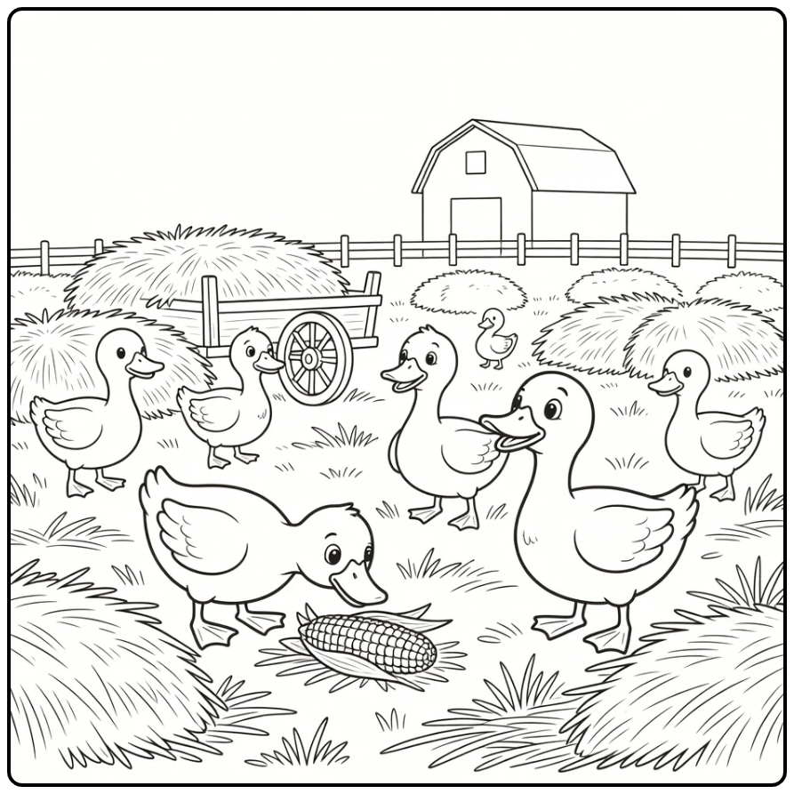 Ducks coloring page with farm field and corn