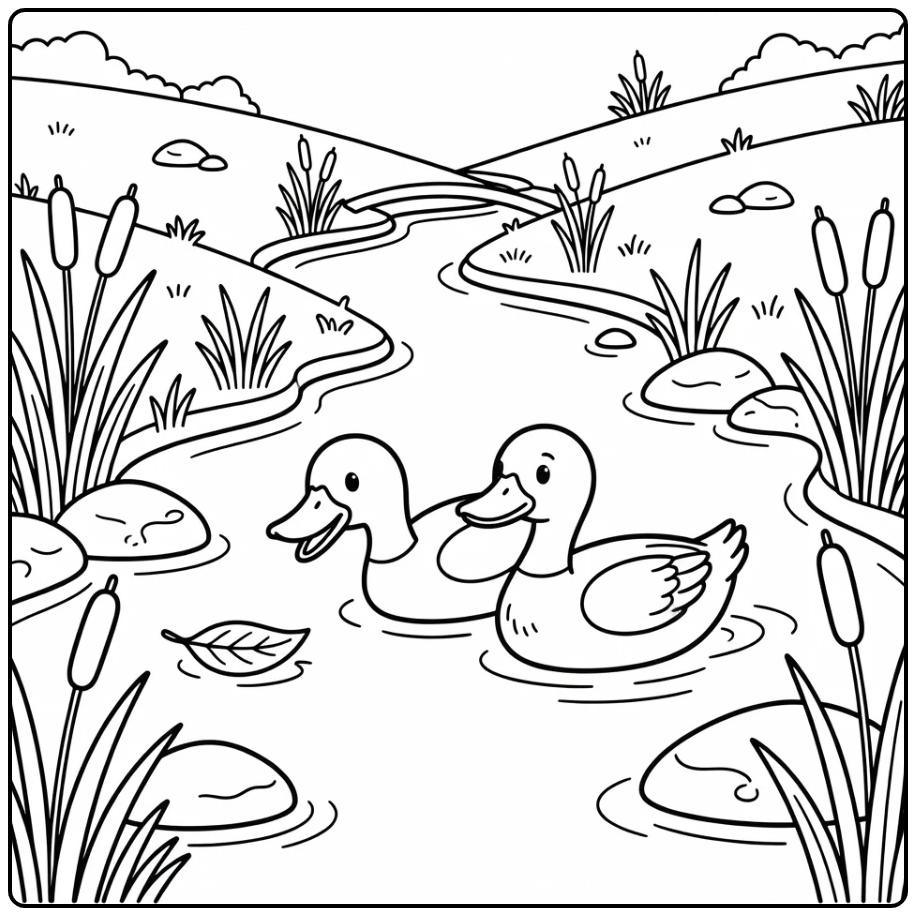 Ducks coloring page of cute ducks in narrow stream with leaf