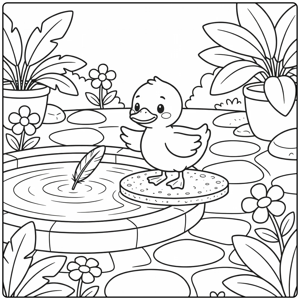 ducky coloring page cute duck on cork reaching for feather