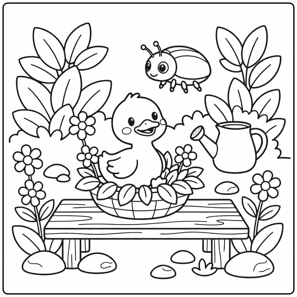 Ducky coloring page of cute duck watching beetle in flower basket