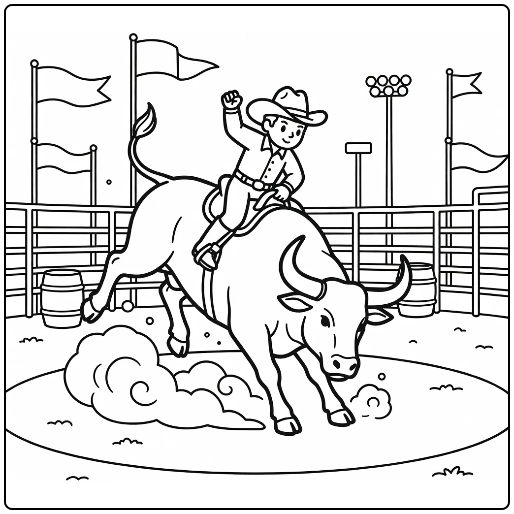 Bull riding coloring pages: twisting rodeo bull with cowboy