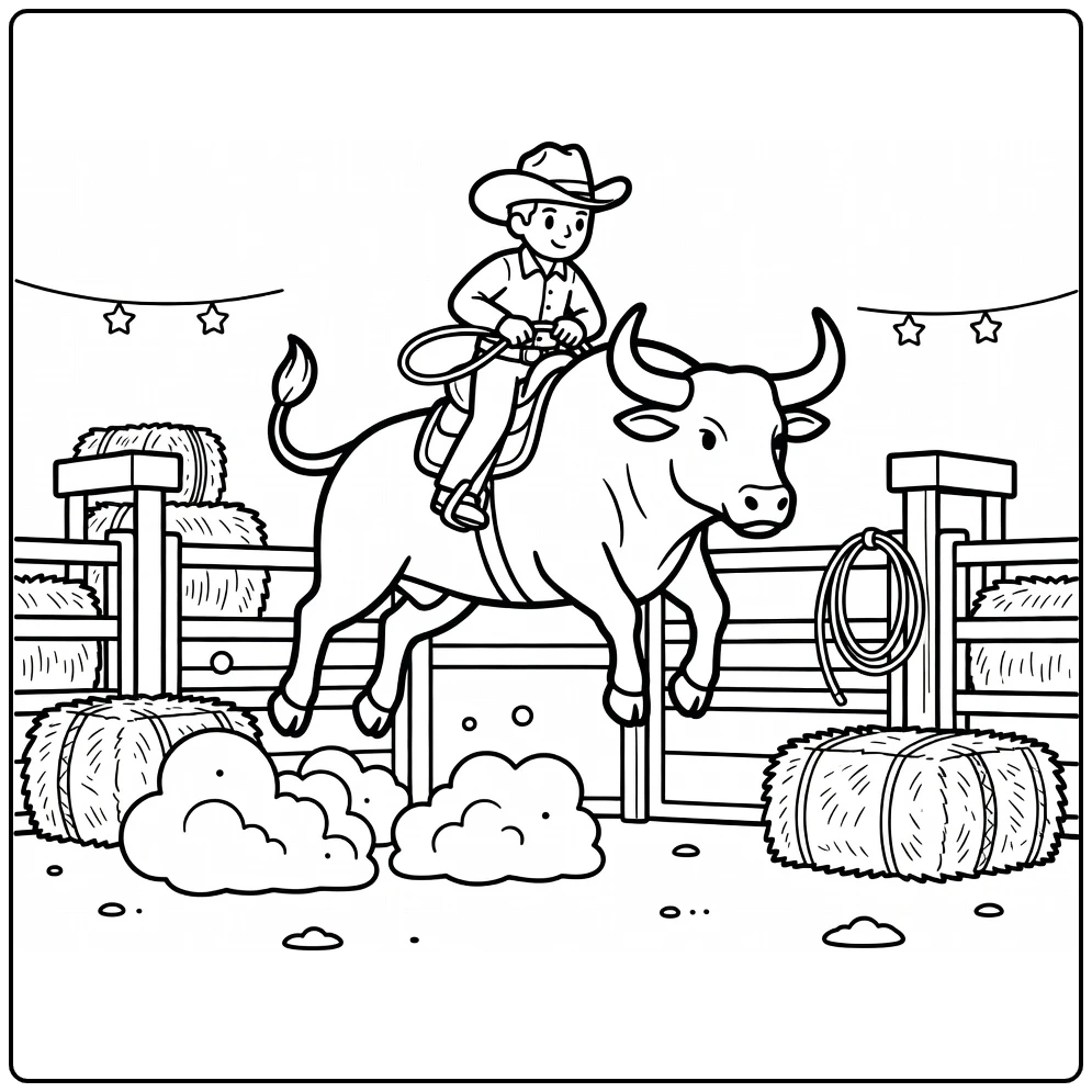 Bull riding coloring pages: leaping rodeo bull throws cowboy