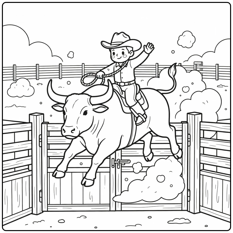 Bull riding coloring pages: cowboy on bucking rodeo bull (58 chars)