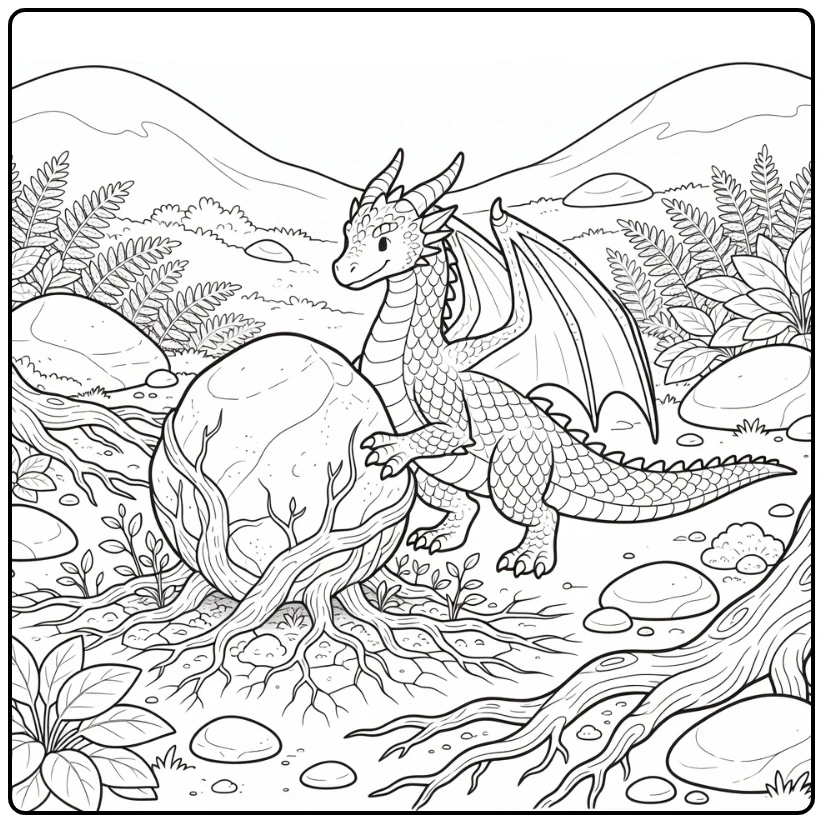 Earth dragon coloring page: lifts root-covered boulder from soil