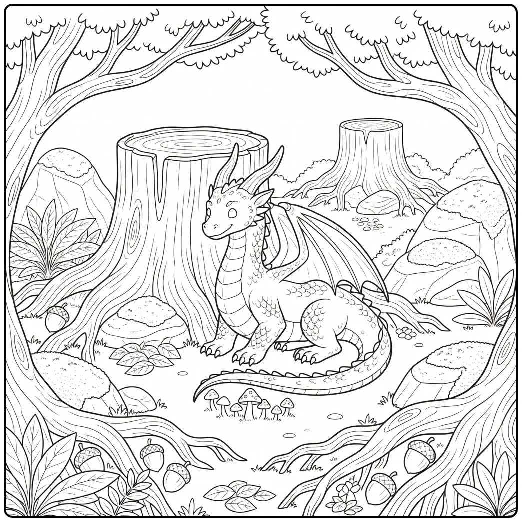 Earth dragon coloring page: resting by stump & mushrooms