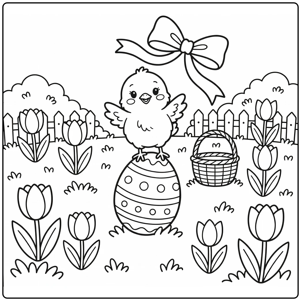 easter chick coloring page on egg in spring meadow