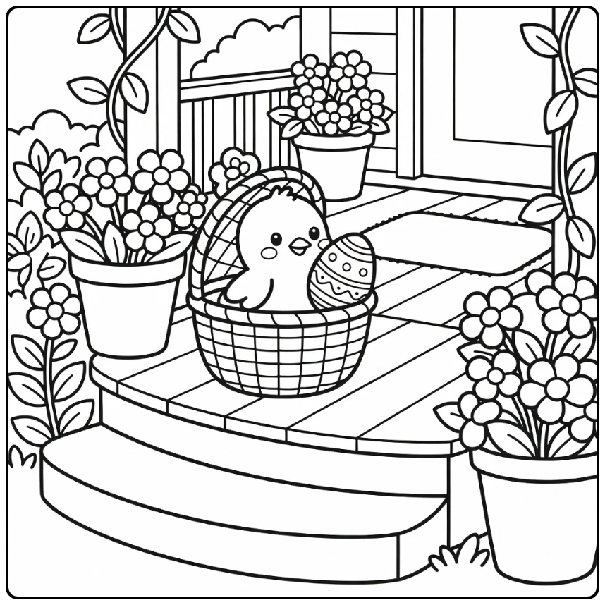 easter chick coloring page peeking from basket on porch