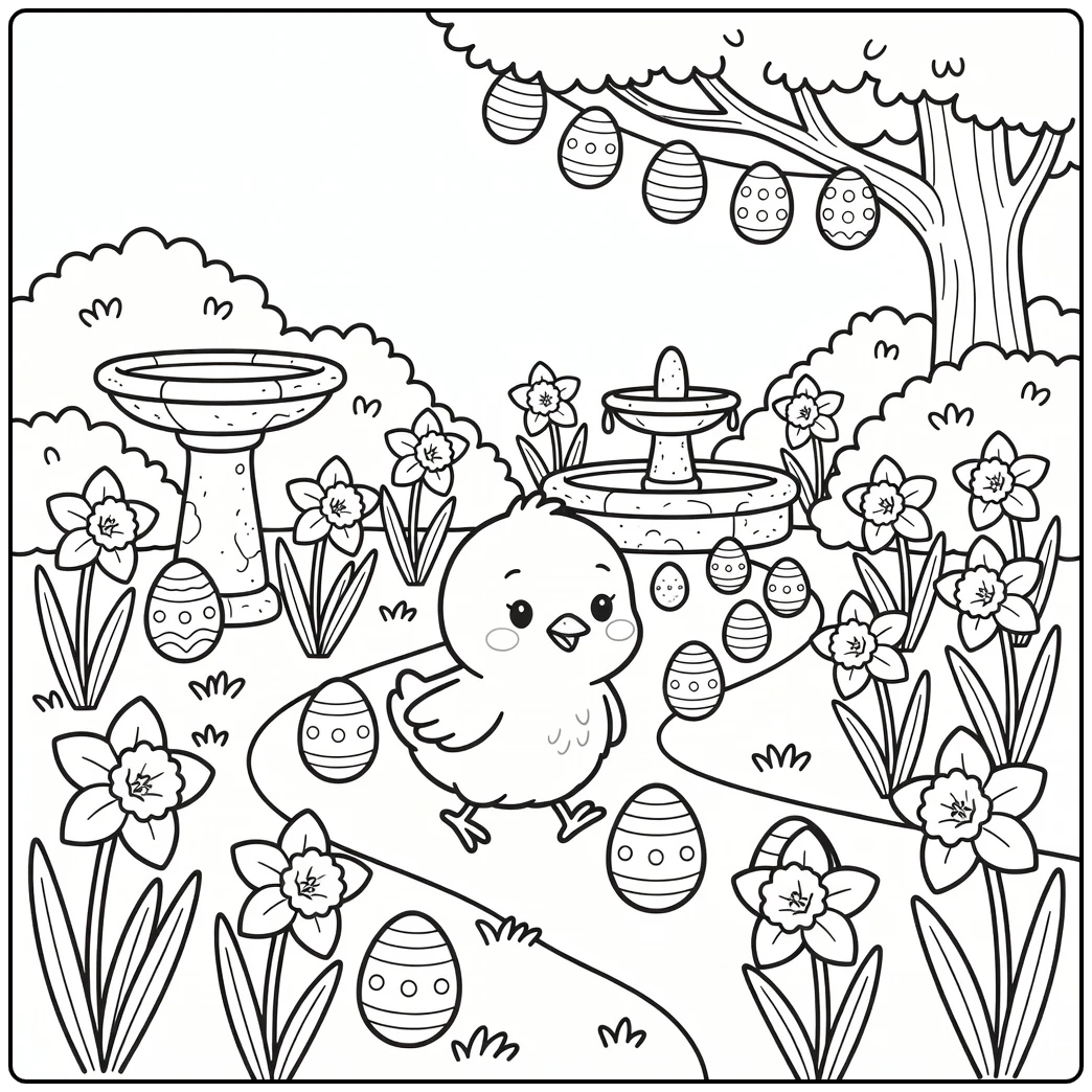 easter chick coloring page on garden path with eggs