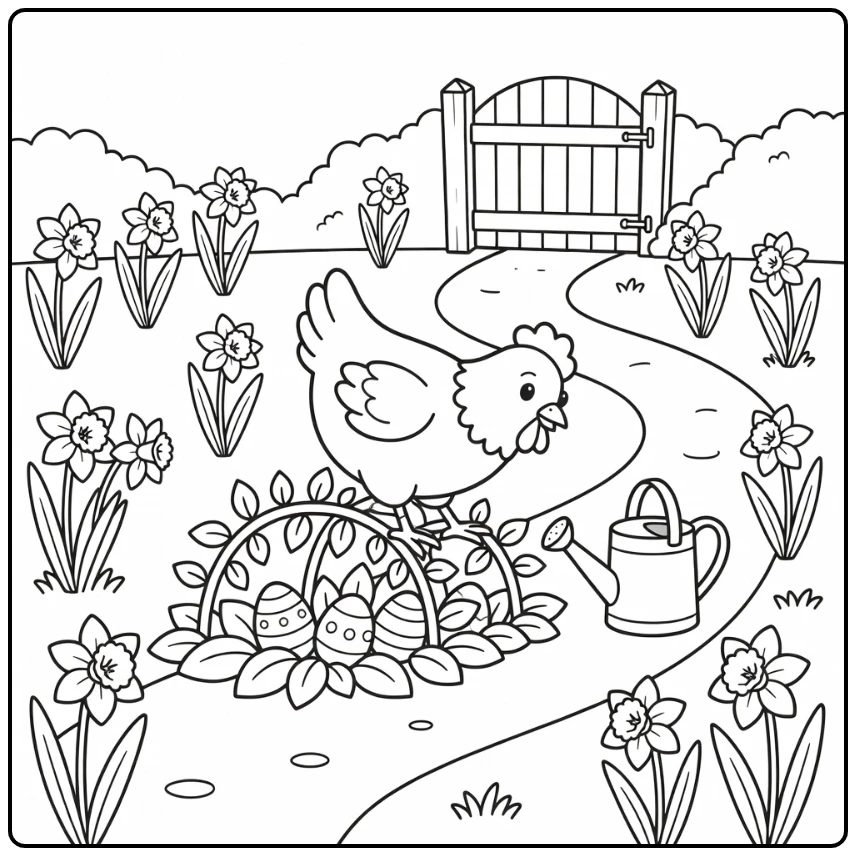 Easter chicken coloring page with garden arch and hidden eggs