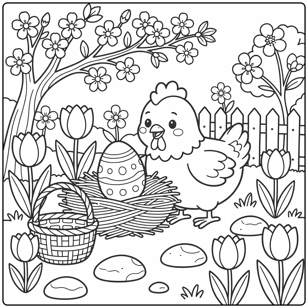 easter chicken coloring page with egg nest and tulips