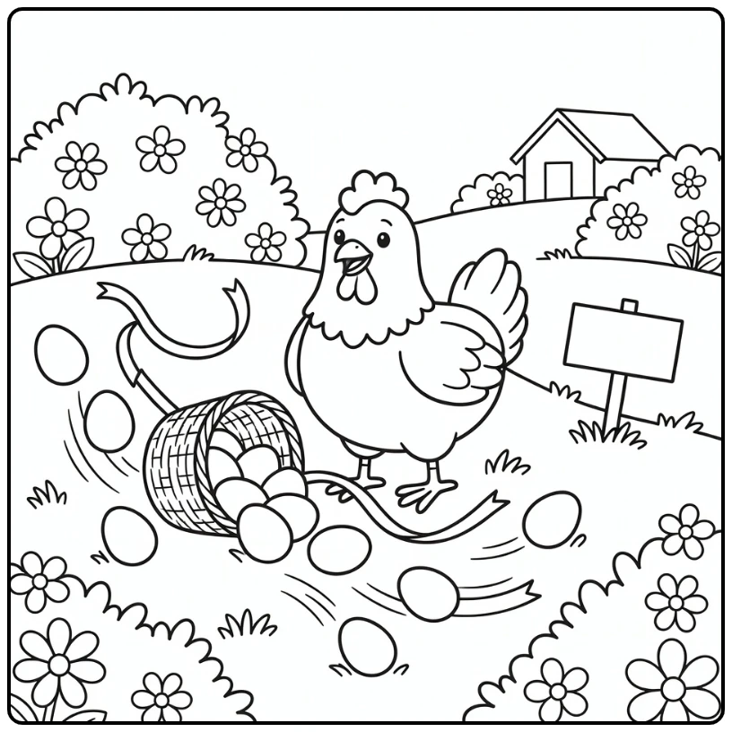 Easter chicken coloring page with eggs on grassy hill