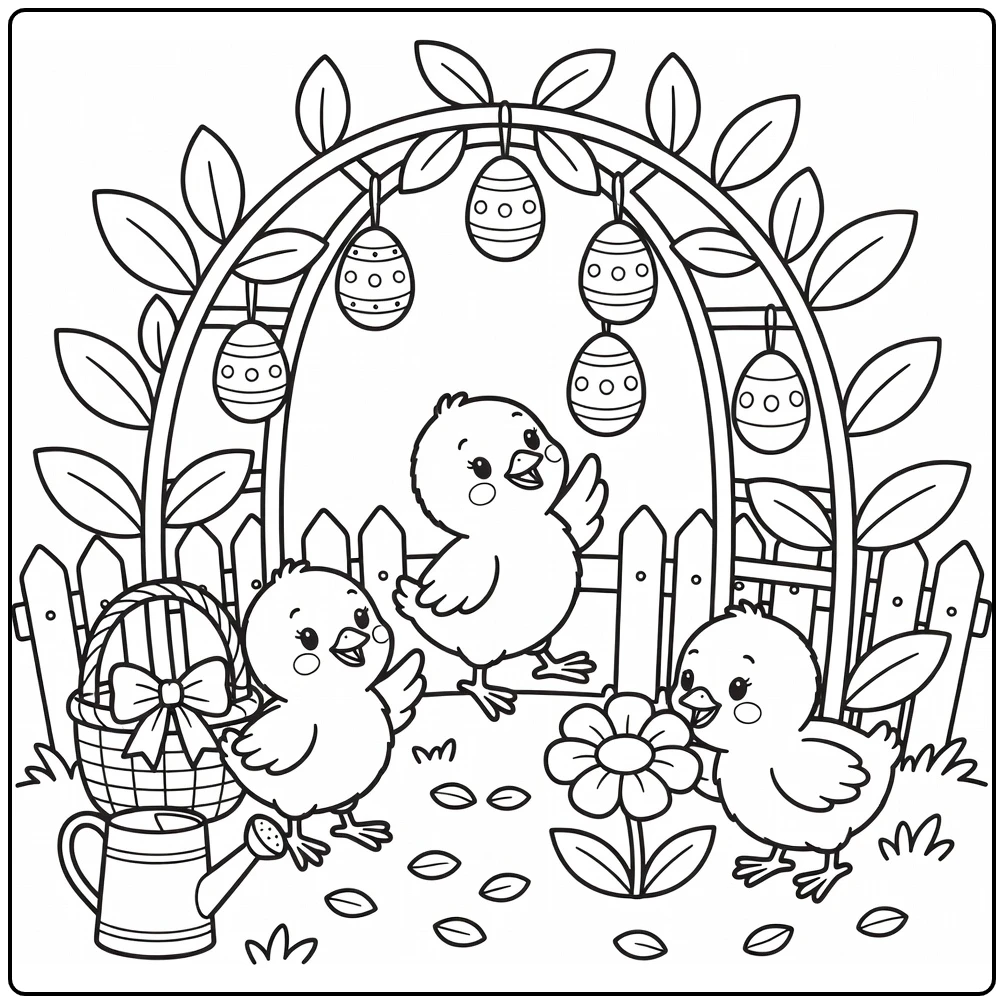 Explore easter chicks coloring page with hanging decorated eggs
