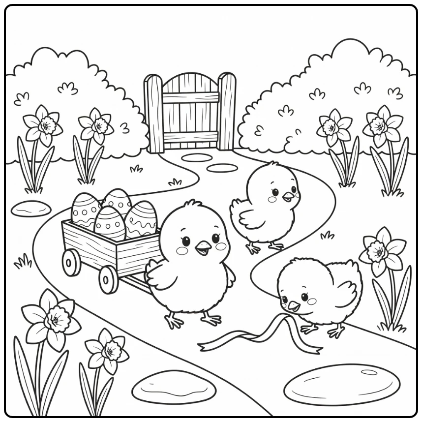 Playful easter chicks coloring page in a spring garden setting