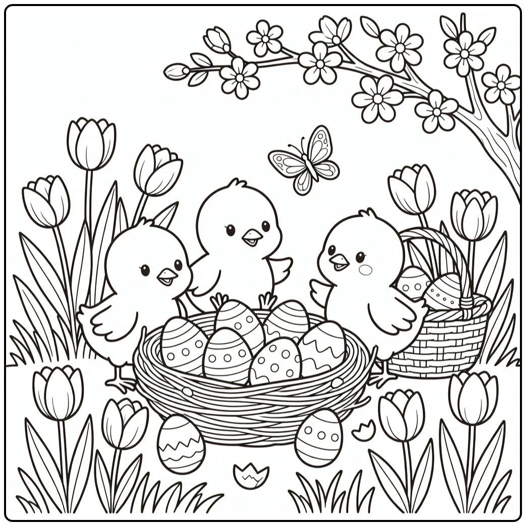 Easter chicks coloring page cute chicks by nest with eggs