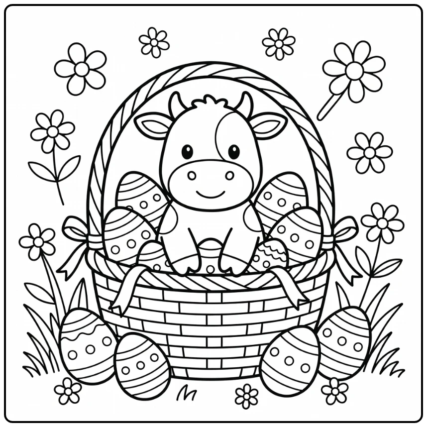 Easter cow coloring pages: cow peeking from basket with eggs