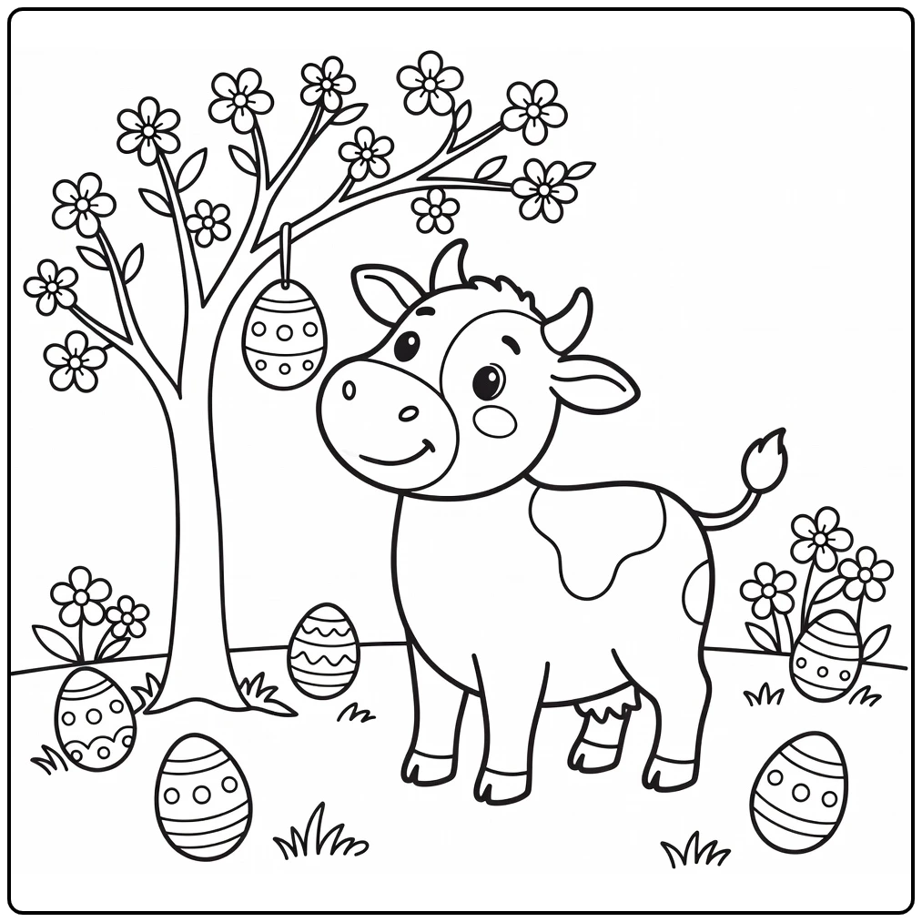 Easter cow coloring pages: cow sniffing swinging egg on tree
