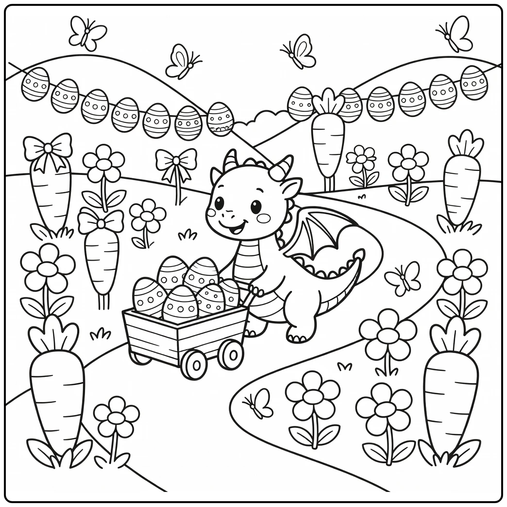 Easter dragon coloring page: baby dragon pushes egg cart
