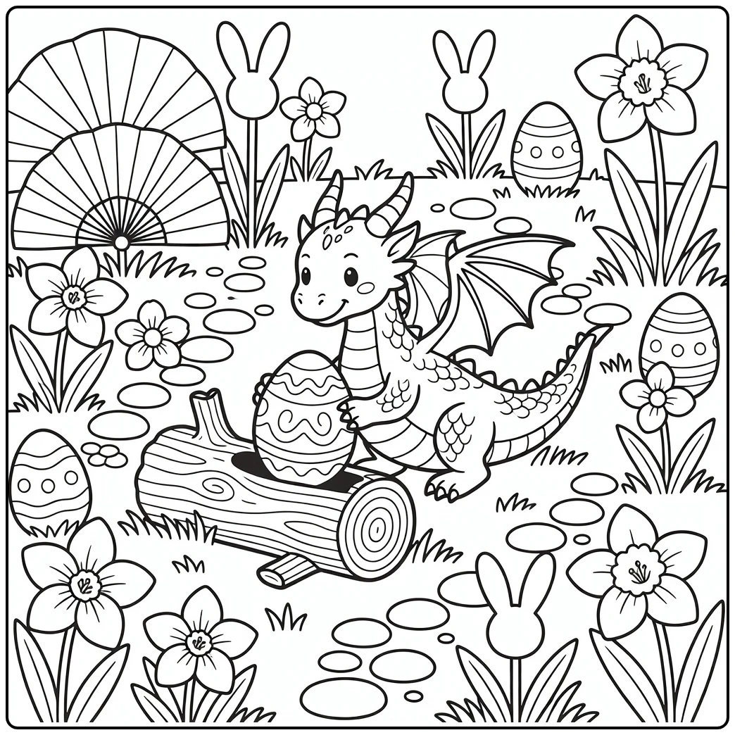 Easter dragon coloring page: dragon hiding egg in log