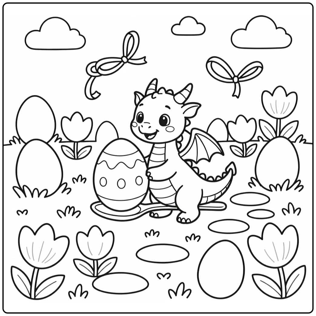 Easter dragon coloring page: balancing giant egg on spoon