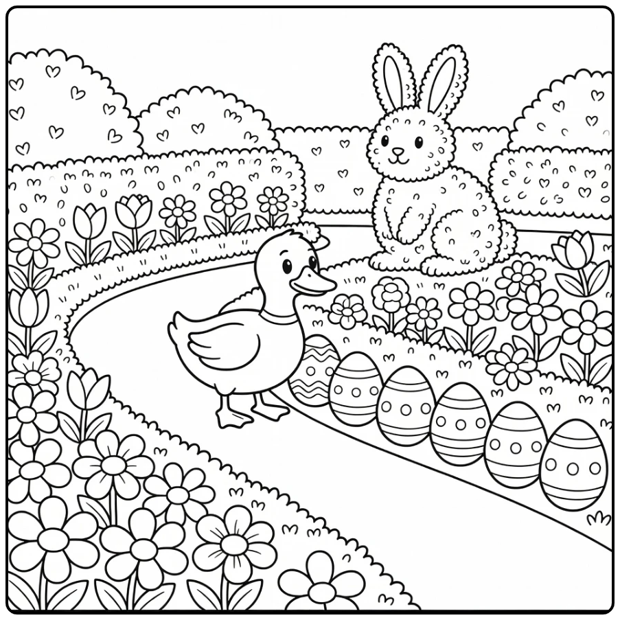 easter duck coloring page with rabbit topiary and eggs
