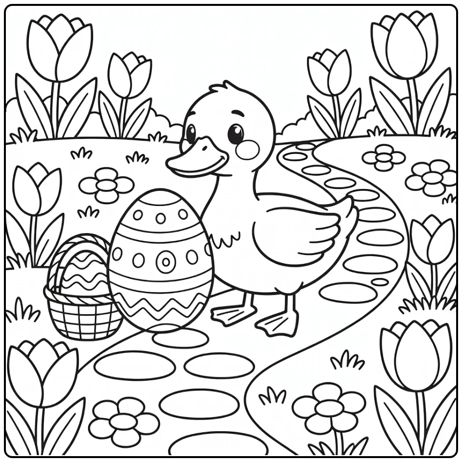 Easter duck coloring page in spring meadow with tulips