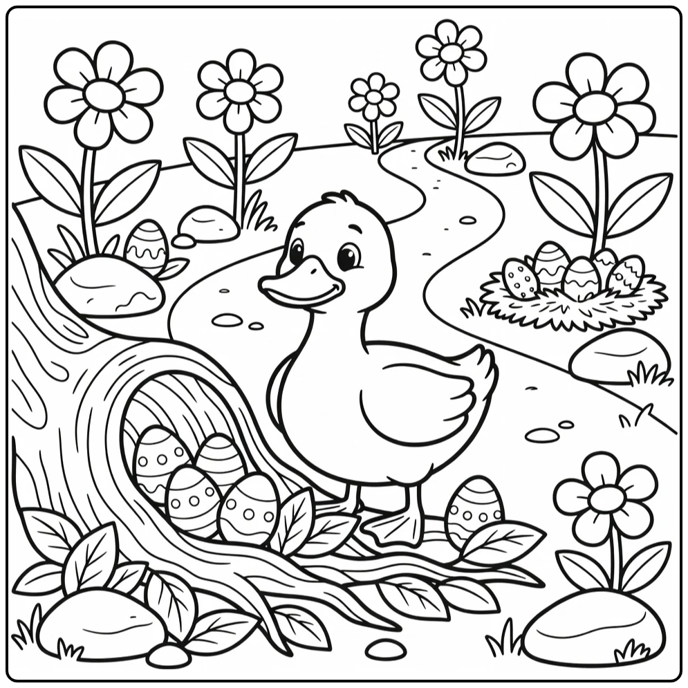 Easter duck coloring page searching eggs by tree root