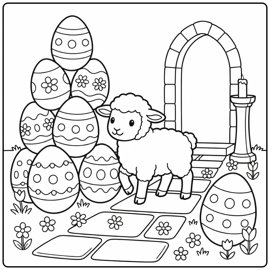 Easter lamb coloring page with eggs and chapel courtyard