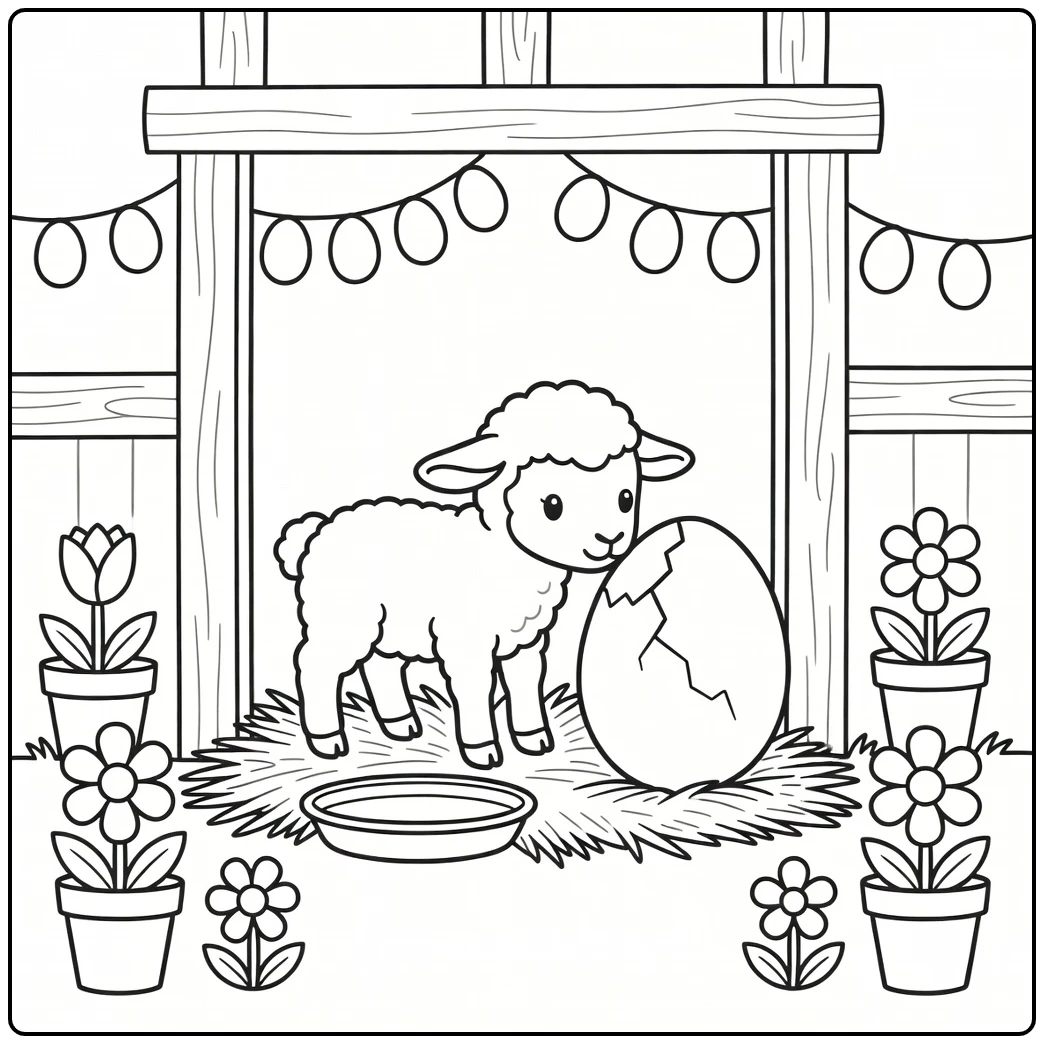 Easter lamb coloring page with egg and stable scene
