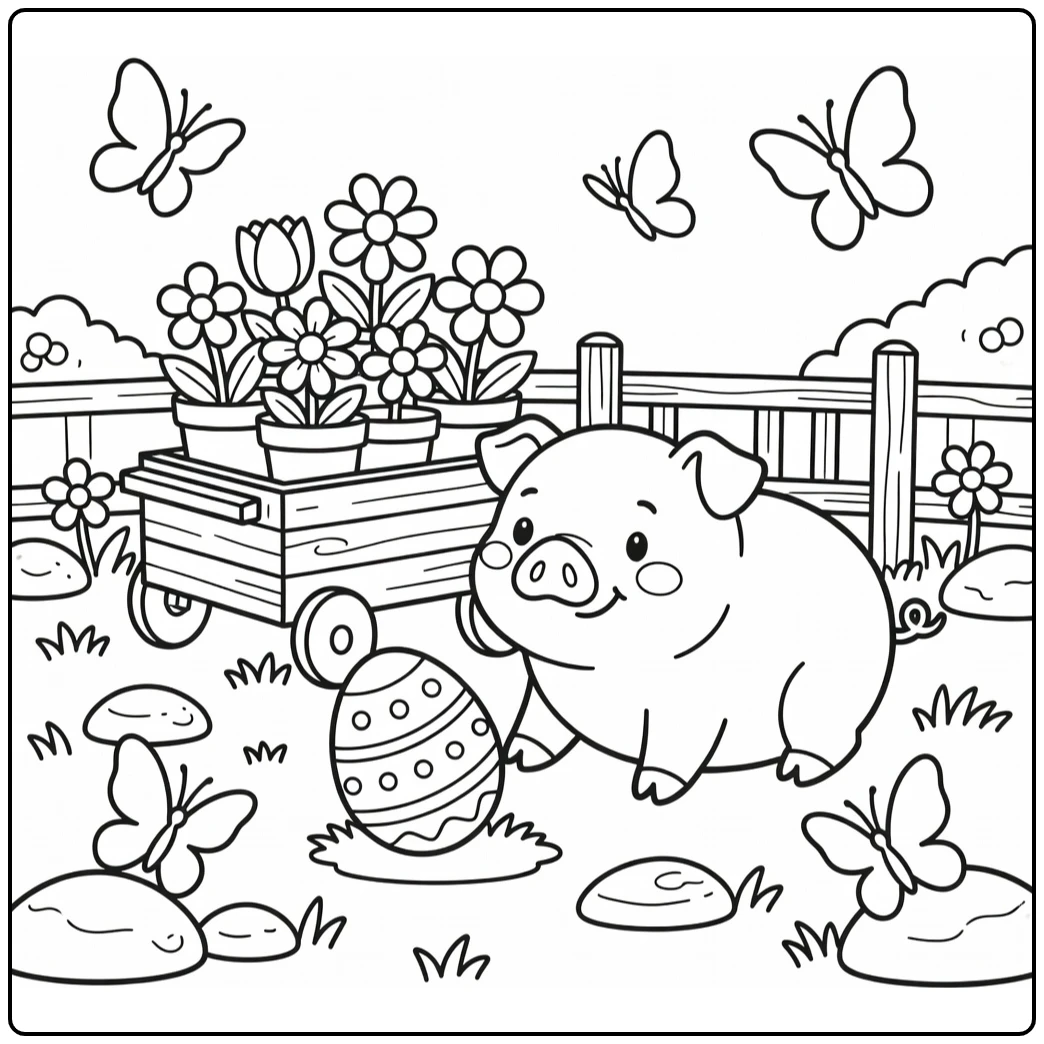 Easter pig coloring page with flower cart and rolling egg
