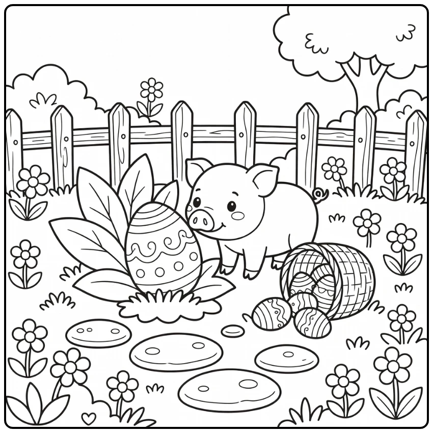 Easter pig coloring page of piglet nosing egg