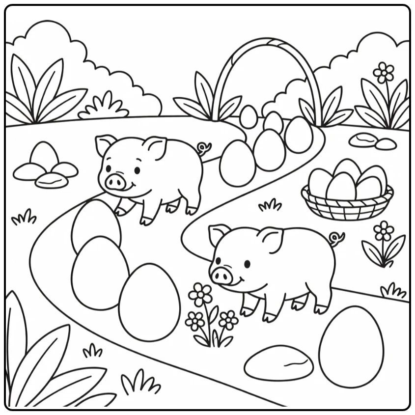Easter pig coloring page with piglets on egg trail in meadow